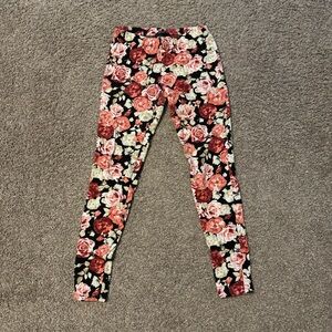Forever 21 Floral Rose Printed Leggings Graphic Cotton Pink Black Cream